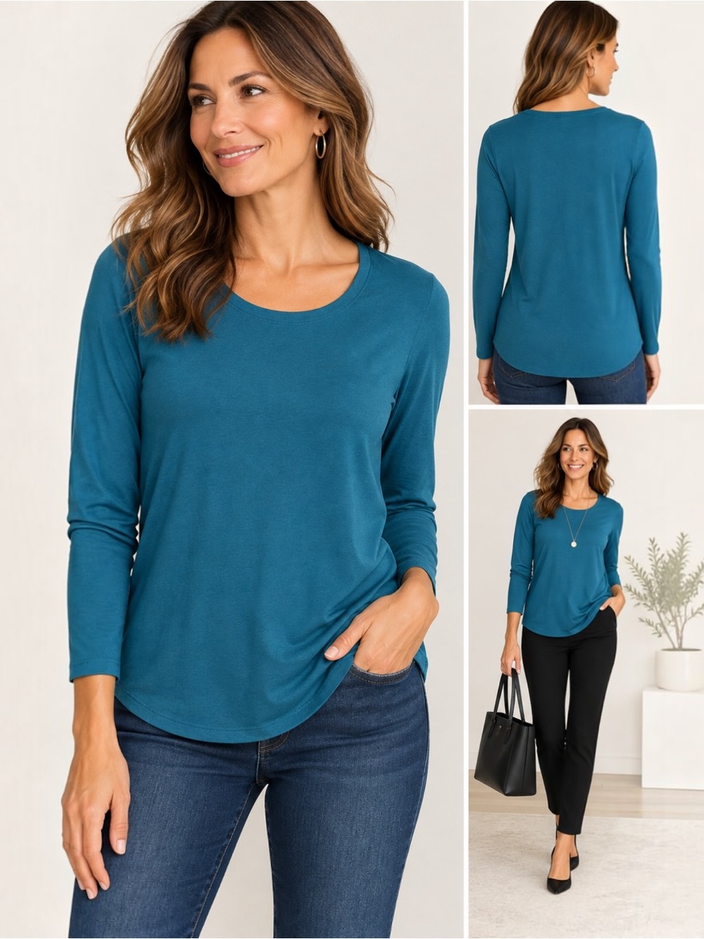 Jones New York Signature Top Womens M Teal Blue Viscose Stretch Long Sleeve